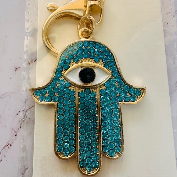 Gold And Turquoise Color Hamsa Keychain Bag Charm Accessory - Picture 1 of 3